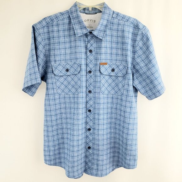 Orvis Button-Front Short Sleeve Woven Tech Shirt MEDIUM Blue Check Polyester - Picture 1 of 6